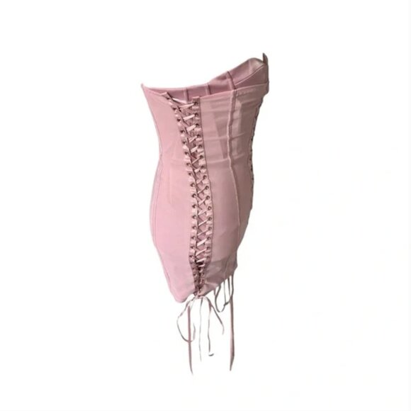 Oh Polly Emira Satin Lace-Up Corset Bandeau Micro Mini Dress 8 Mauve Bodycon - Picture 10 of 14